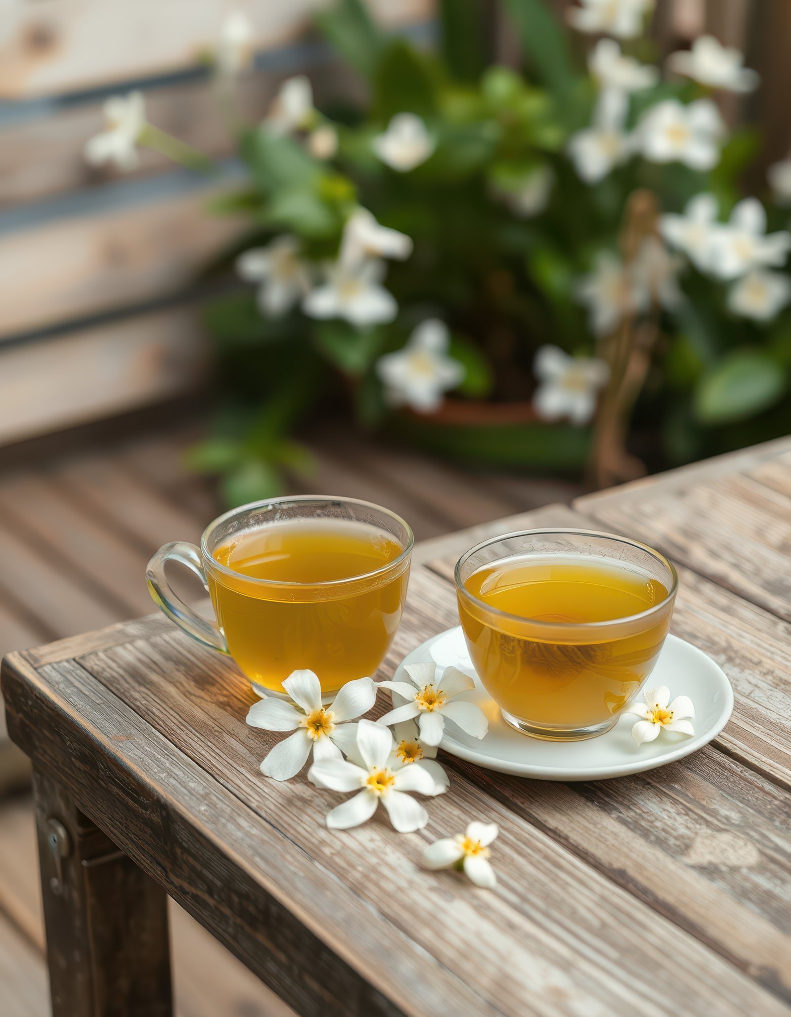 Enjoying herbal tea with fragrant flowers on a wooden table in a garden during a sunny afternoon